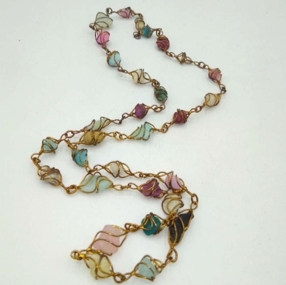 Vintage 1960s Artisan Handmade Wire Wrapped Semi Precious Stone Cage Necklace - Picture 1 of 7